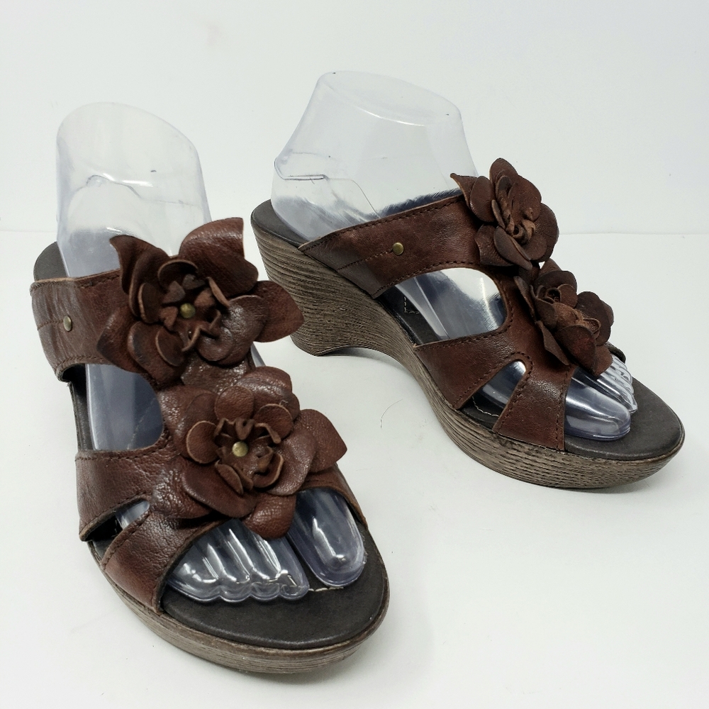 Azura Leather Floral Wedges Wooden Heel Women 39